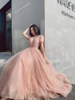 Summer Light Pink V-neck Evening Dress Party Etiquette Celebration Robe Dress Sexy Pearls A-line Tulle Gowns