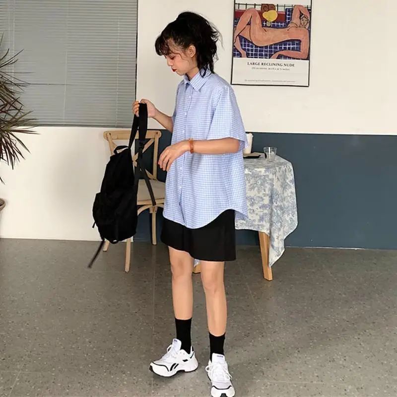 Рубашка в клетку с коротким рукавом японском стиле женская дизайнерская нишевая