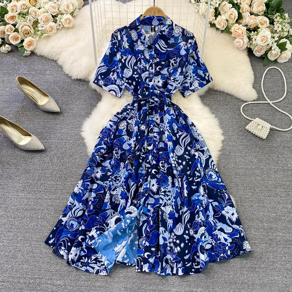 Summer French Hepburn Chic and Elegant Temperament Lapel Short-sleeved High-waist Slimming Single-breasted Printed A-line Dress