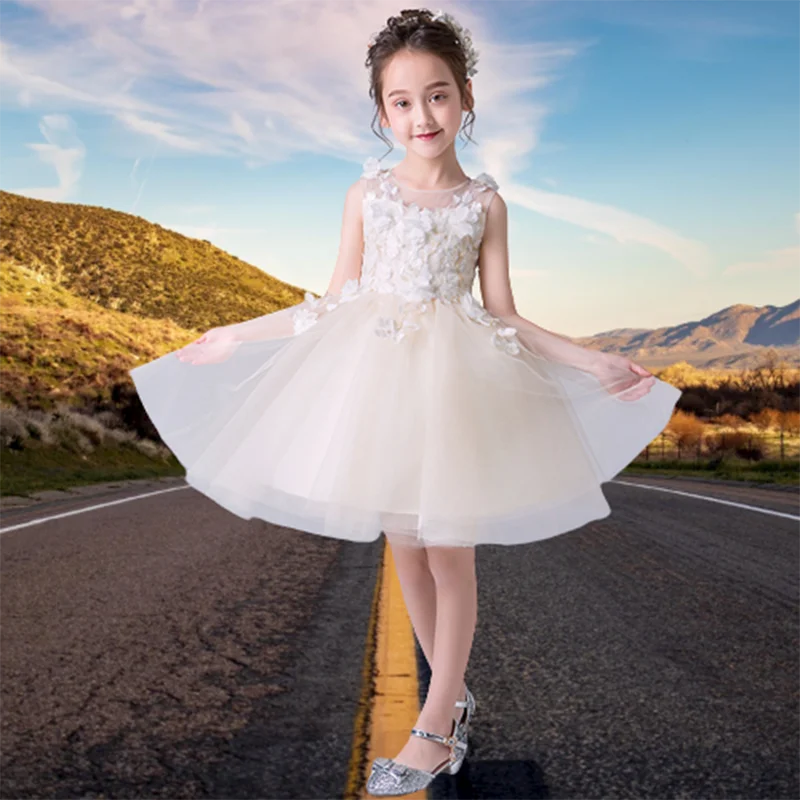 Girls' Puffy Gauze Princess Dress New Girls' White Performance Dress Birthday Party Wedding Dress Bridesmaid Dress Summer