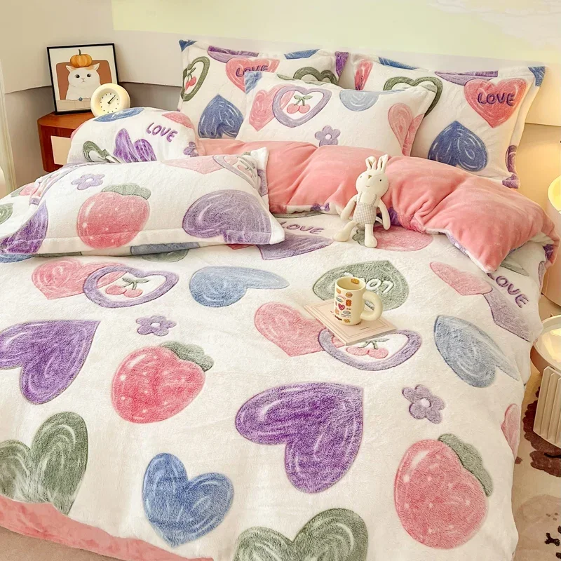 

Flannel Fleece Duvet Cover for Winter Warm Heart Printed Bed Cover Full Set housse de couette King 이불커버 (without pillowcase)