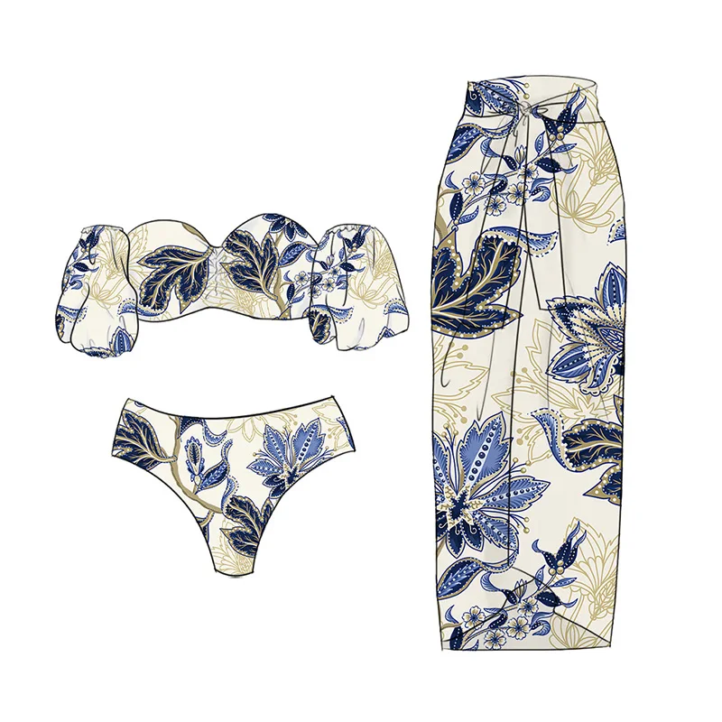 

Lanswe 2023 New Retro Printing Swimwear High End Separate Swimsuit Kimono Sexy Bikini Cover-Ups Set Summer SPA Bathing Suit