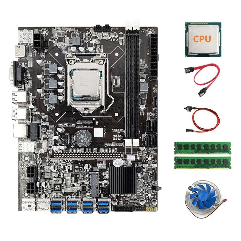 

B75 8XPCIE USB3.0 LGA1155 DDR3 BTC Mining Motherboard With CPU+2X4G DDR3 RAM+Cooling Fan+SATA Line+Switch Line ETH Miner