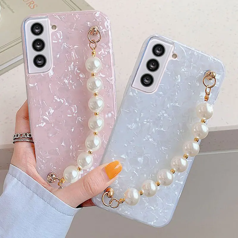 

Luxury Pearl Bracelet Wrist Chian Case For Samsung Galaxy S21 / S21 Ultra FE Shockproof Cover For Samsung S21 Plus Phone Cases