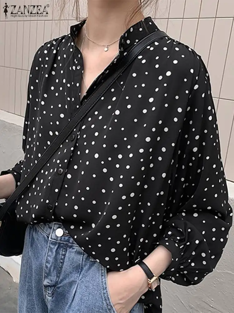

Женская модная рубашка ZANZEA 2022, элегантная офисная рубашка в горошек с воротником-стойкой, корейские Блузы на пуговицах, осенняя блузка с пыш...