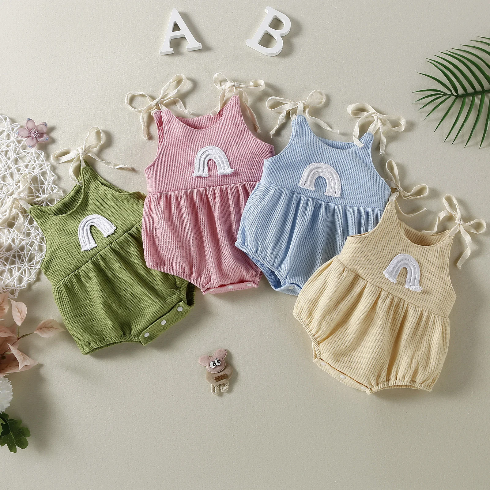

Newborn Baby Girls Summer Ribbed Bodysuit Toddler Infant Princess Sleeveless Waffle Rainbow Print Romper with Bow Clothes