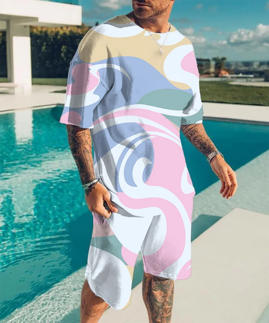 Two Men's Set Summer Sportswear T-shirt and Shorts Jogging Short Sleeve+Shorts Casual Sports Tracksuit 3D Print Oversize Clothes