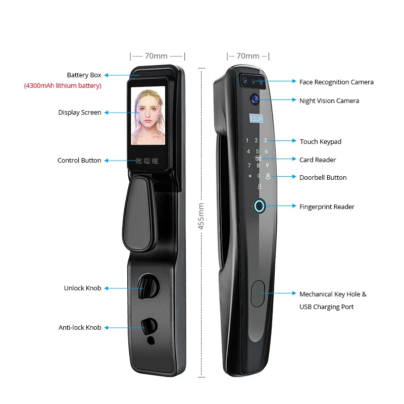 Pаспродажа Умный дверной замок с распознаванием лица 3DFace, сканер отпечатков пальцев, цифровой Wi-Fi замок, подключенная камера, монитор, камера безопасно...