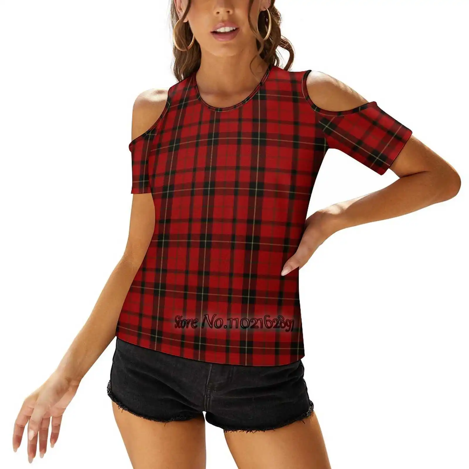Red Black And Yellow | Clan | Scottish Tartan Flannel Plaid Sexy T-Shirt Casual Tops Pullover Ladies Top Back Lacing T Shirts