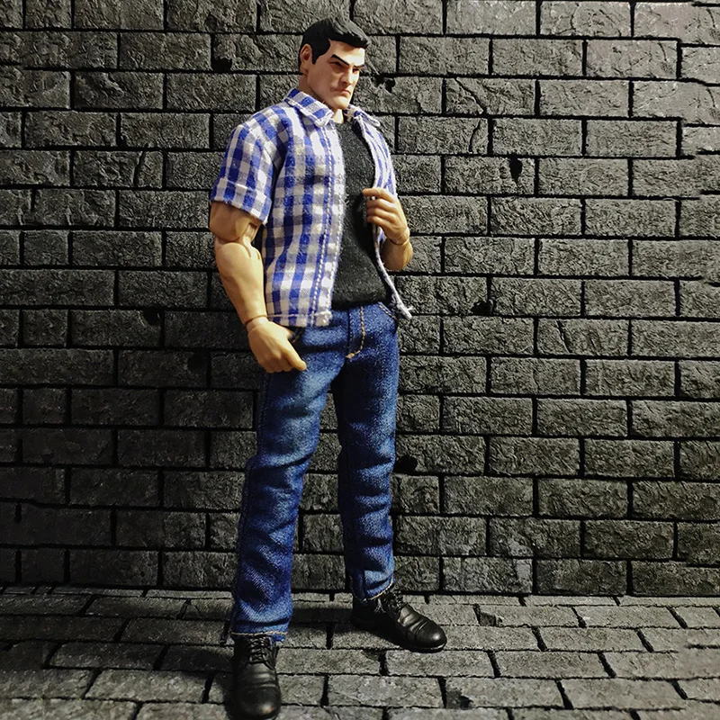 

1/12 Trendy Male Soldier Clothes Blue Plaid Short-sleeved T-shirt Jeans Suit Accessory Model for 6 inches Action Figure Doll