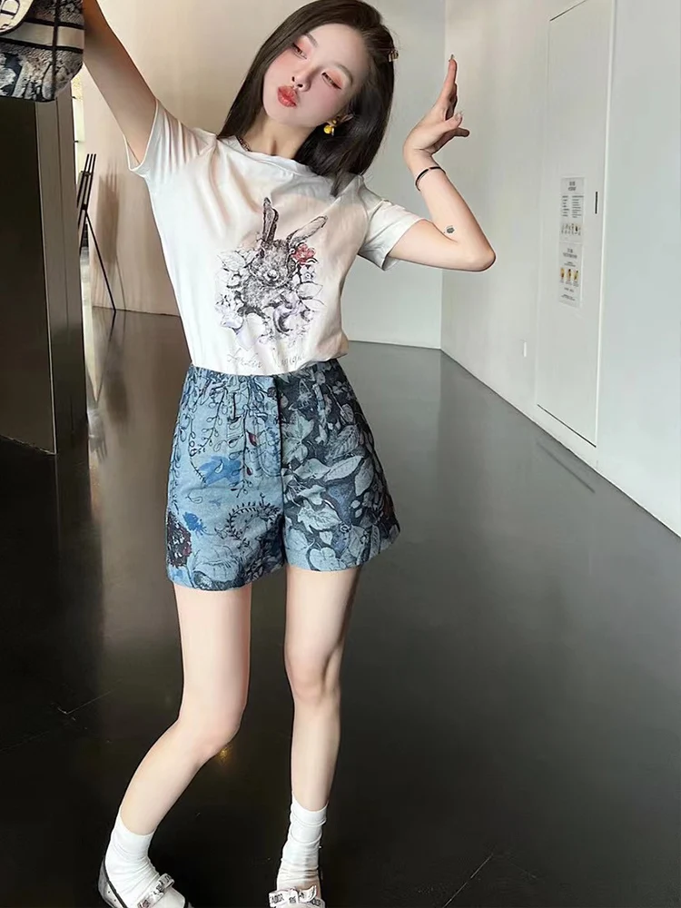 

2023 Summer New Fashion Shirt Cotton Printed Short-sleeved T-shirt+Printed High Waist Denim Shorts Women's Casual Two-piece Set