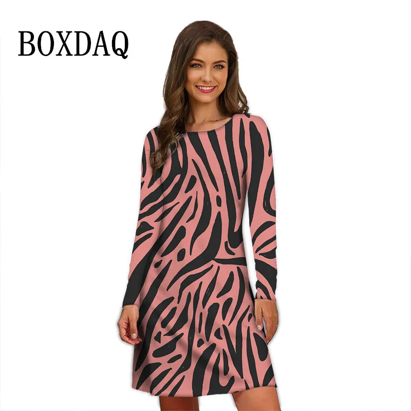

Женское платье-мини с длинным рукавом, свободное повседневное платье в полоску с принтом зебры, с круглым вырезом, вечернее платье большого ...