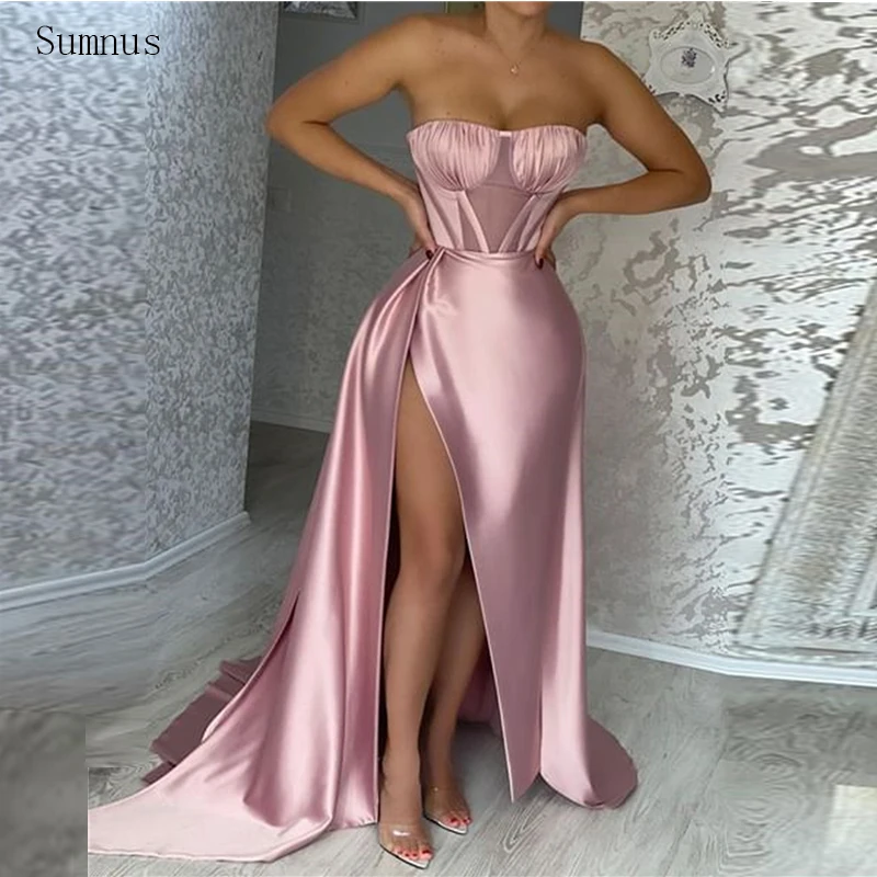 

Sumnus Pink Simple Mermaid Prom Dresses Stain Leg Slit Pleat Long Evening Dresses Strapless Sleeveless Robes De Soirée 2023