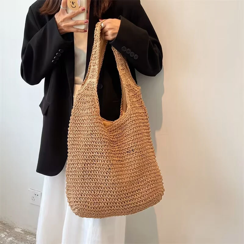 Trend handmade woven bags casual large capacity beach bag Lady Tote Vacation Shoulder Bag Summer Shopping Travel Bag