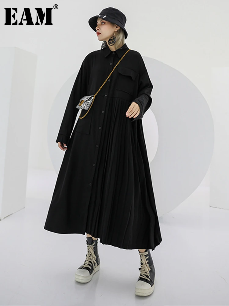 

[EAM] Women Black Pleated Irregular Big Size Shirt Dress New Lapel Long Sleeve Loose Fit Fashion Tide Spring Autumn 2022 1DE6414