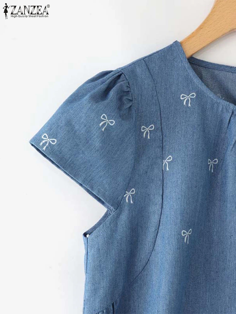 Летняя Блузка ZANZEA 20214 Повседневная с круглым вырезом и коротким рукавом