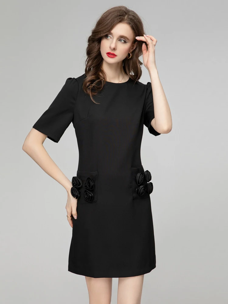 Женское платье с круглым вырезом коротким рукавом и карманами