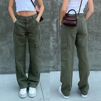 brown vintage cargo jeans women fashion pockets indie aesthetics low waist pants loose casual straight trousers 90s streetwear
