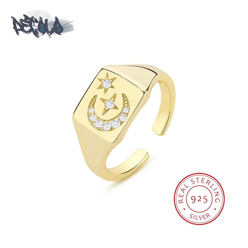 

S925 Sterling Silver Ring for Women Exquisite Zircon Star Moon Shaped Premium Couple Ring Fashion Punk Style Party Jewelry