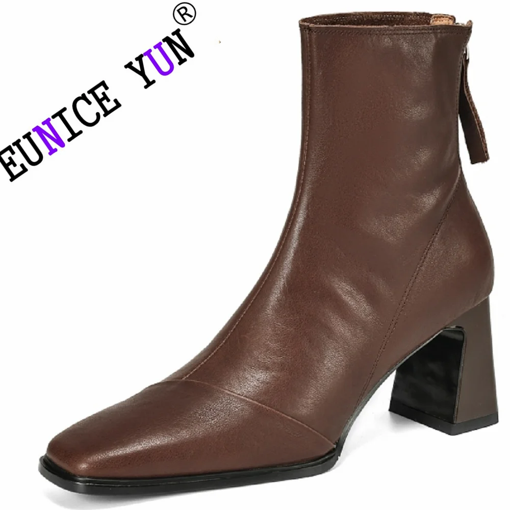 [EUNICE yun】элегантные женские ботинки из натуральной кожи на толстом каблуке