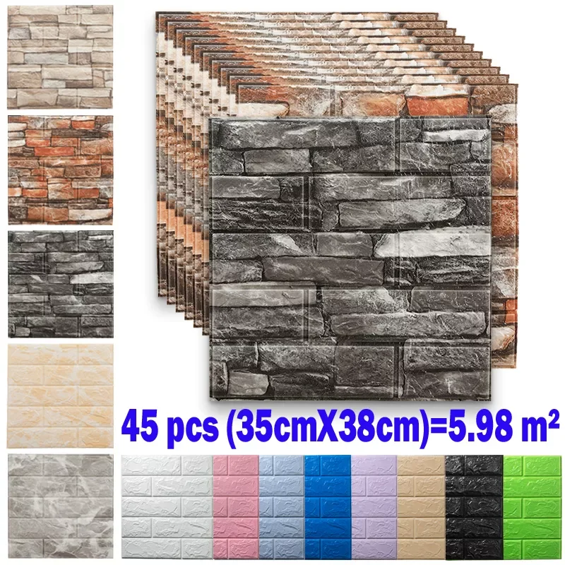 

45pcs 38X35cm Foam 3D Wall Stickers Self Adhesive Panel Home Decor Living Room Bedroom House Decoration Bathroom Brick Wallpaper