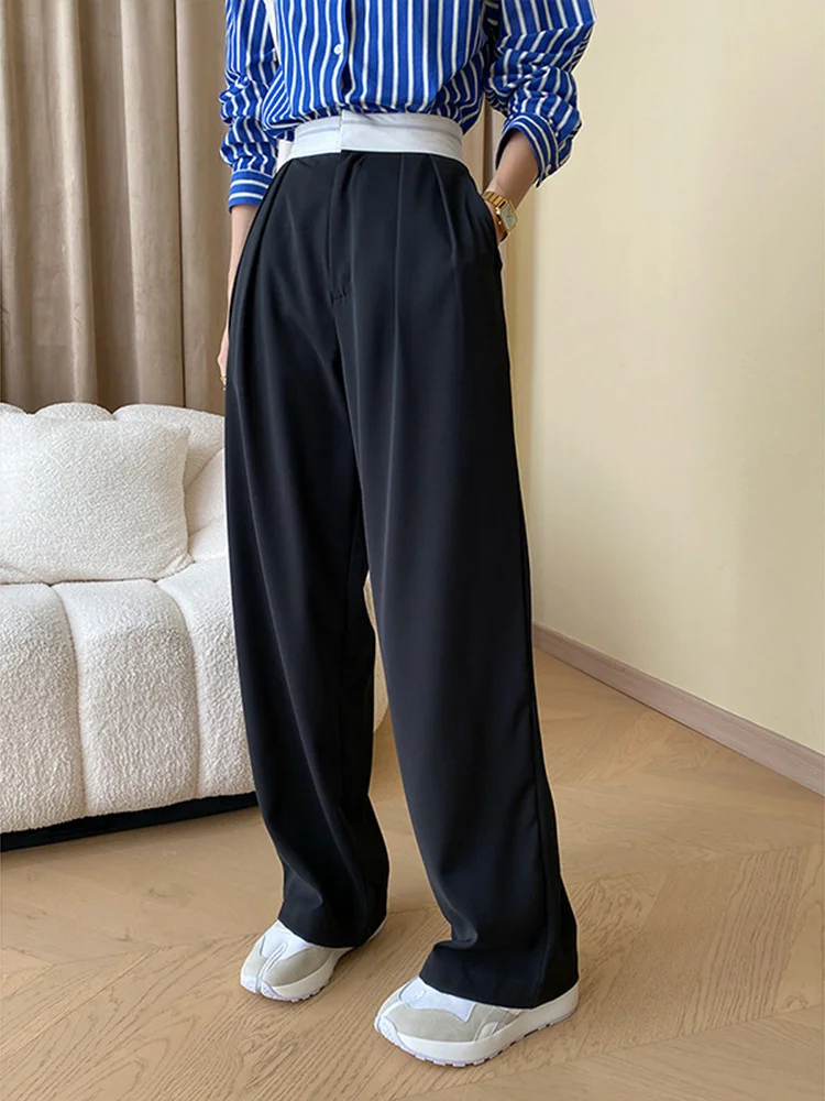 Black Straight Pants For Women High Waist Wide Leg Stitching Style Office Lady Loose Trousers Fashion New O035