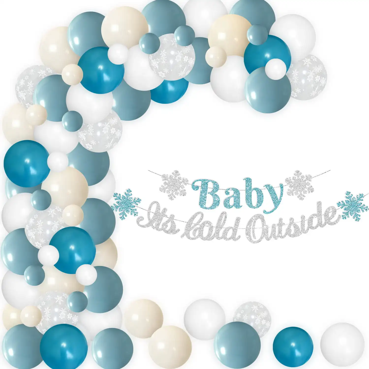 

Winter Themed Blue White Snowflake Balloon Arch Kit with Baby Its Cold Outside Glitter Banner for Baby Shower Party Decorations