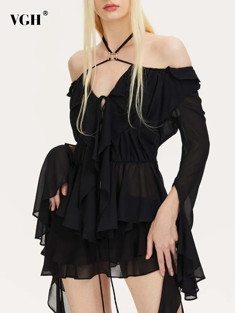 

Женская шифоновая блузка VGH, с открытыми плечами и рукавами-фонариками, Лоскутная уличная одежда с оборками, облегающие блузки на весну