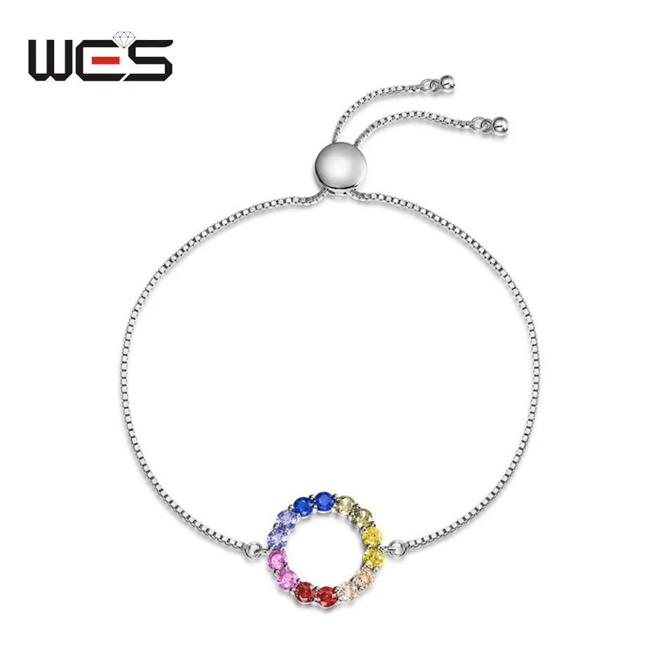 

WES 100% 925 Sterling Silver Blacelet For Woman Rainbow Crystal Colorful Round Zicron Party Wedding Engagement Gift Jewelry