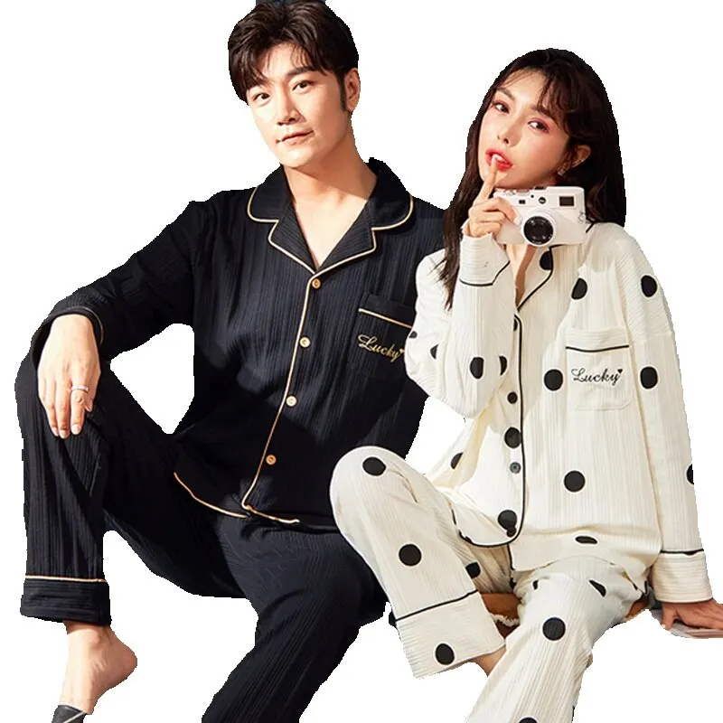 QUHENG 2022 Autumn Women's Pajamas Set  Long Sleeved Trousers Print Sleepwear Cotton Couple Home Clothes Nightwear for Men