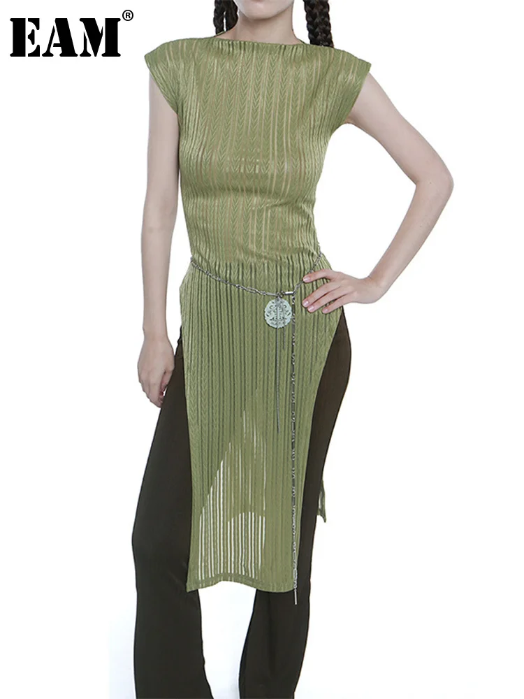 

[EAM] Women Green Striped Hem Slit Long Knitting T-shirt New Round Neck Sleeveless Fashion Tide Spring Summer 2022 1DE9294