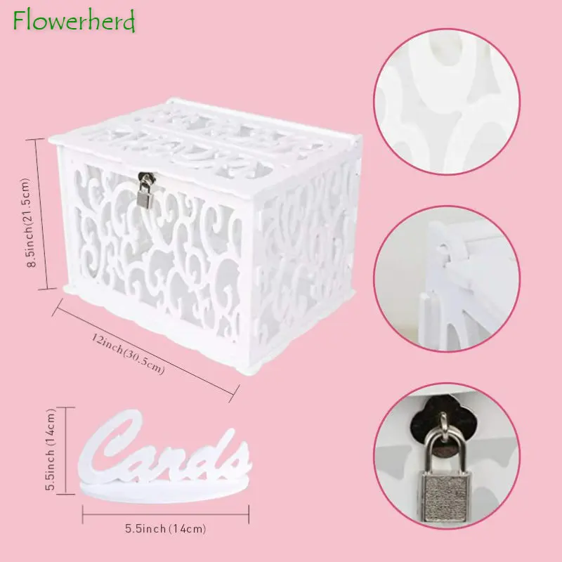 

PVC Hollow Envelope Card DIY Wedding Crad Box with Lock White Gift Box Birthday Baby Shower Graduation Party Decoration Box