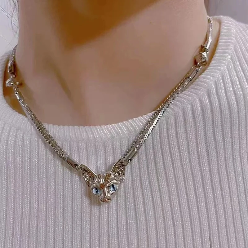 

Unique Design Double Laye Chain Necklace Sphinx Hairless Cat Choker Necklace for Women Men's Cool Punk Jewelry Accessories