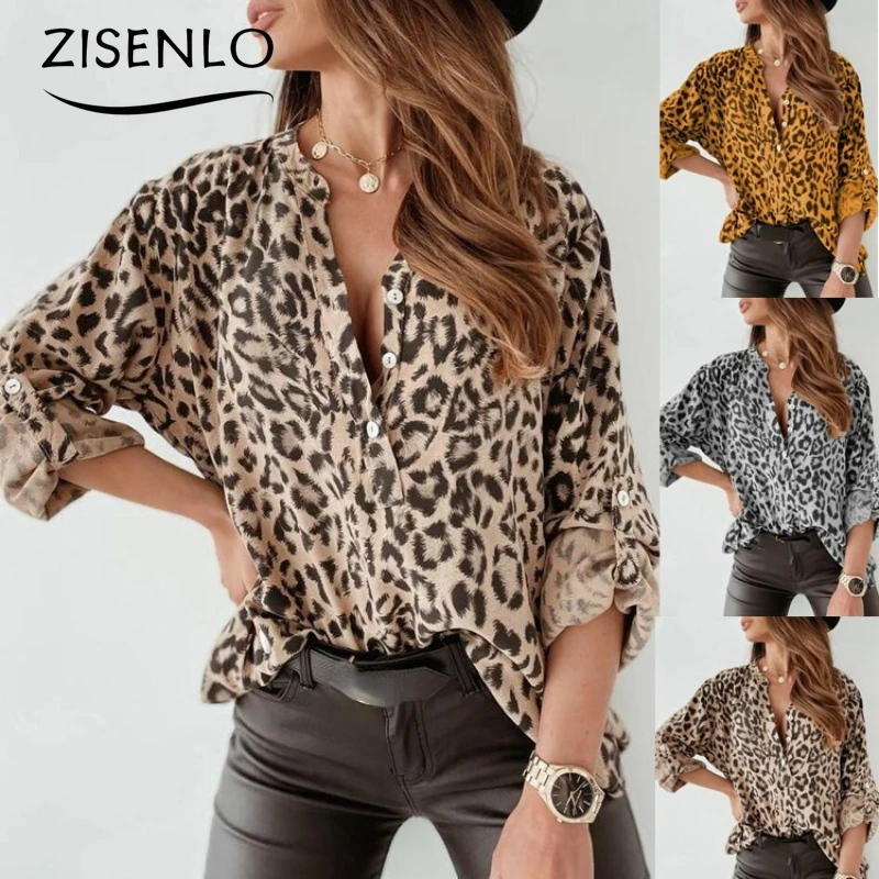 Новая летняя рубашка с леопардовым принтом и длинным рукавом модные женские