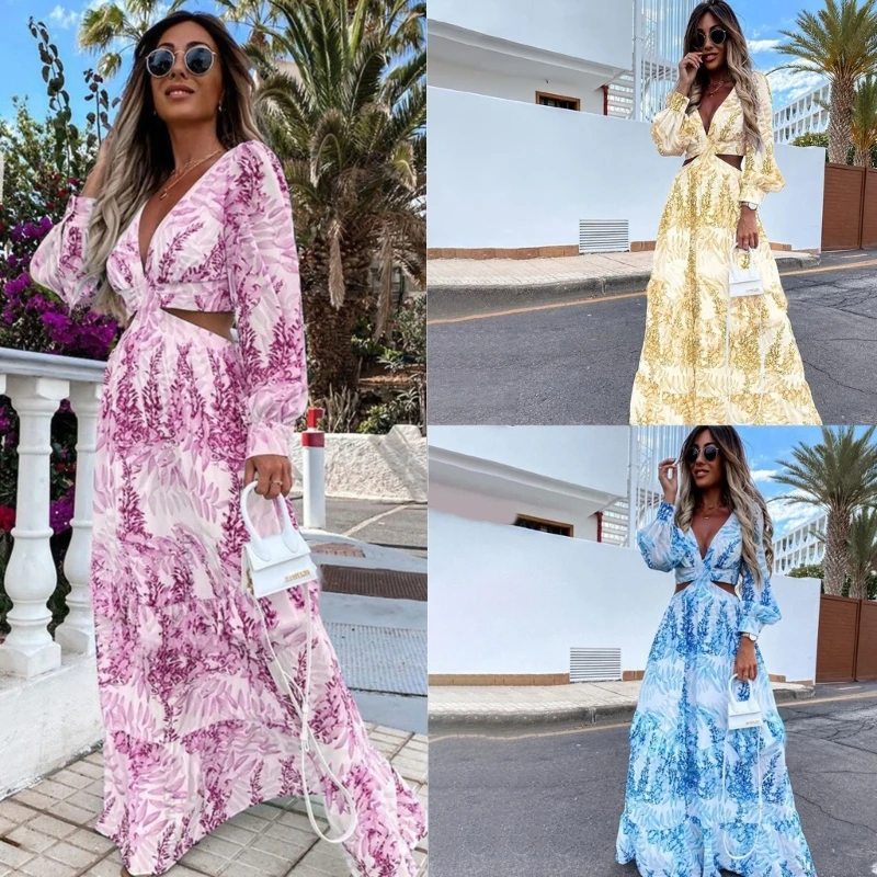 

Womens Floral Print Maxi Dress Long Sleeves Holiday Dress Hollow Backless Dress