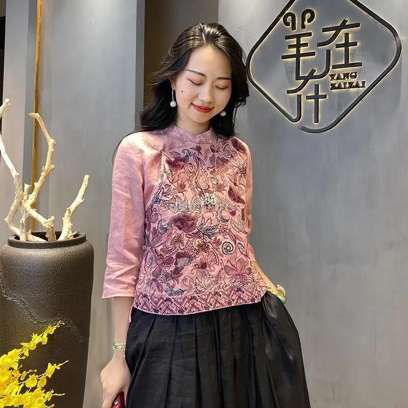 

Traditional chinese clothing women hanfu female blouse elegant ladies flower embroidery linen cheongsam tops half sleeve shirts