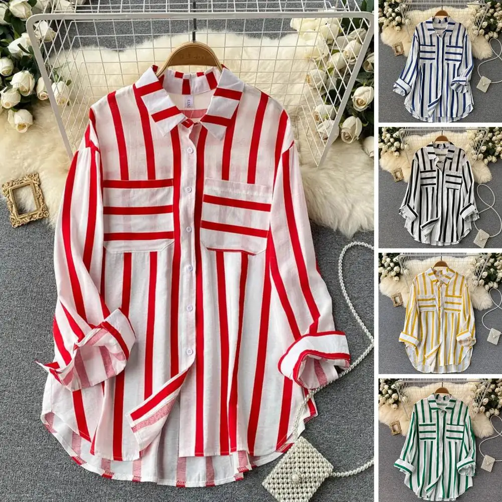 

Loose Fit Shirt Stylish Women's Fall Shirt Striped Print Loose Fit Lapel Collar Single-breasted Buttons for Soft Commute Summer
