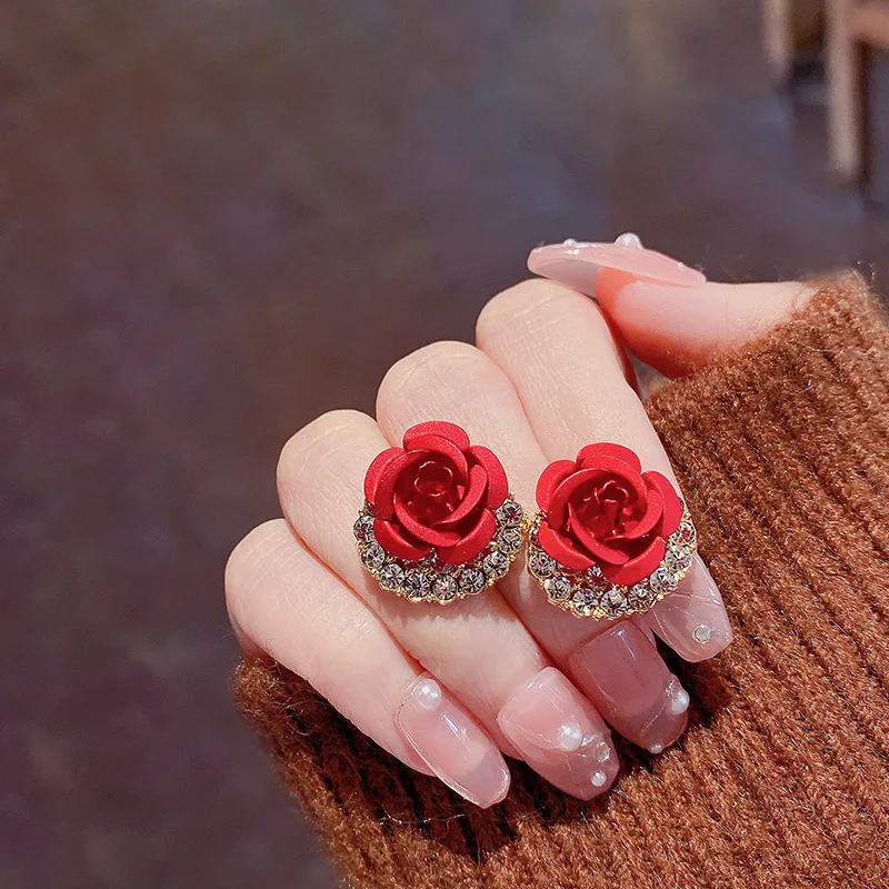 

S925 Silver Needle Advanced Design Super Flash Diamond Studded Rose Earrings Temperament Fashion Lover Girlfriends Gift Earrings