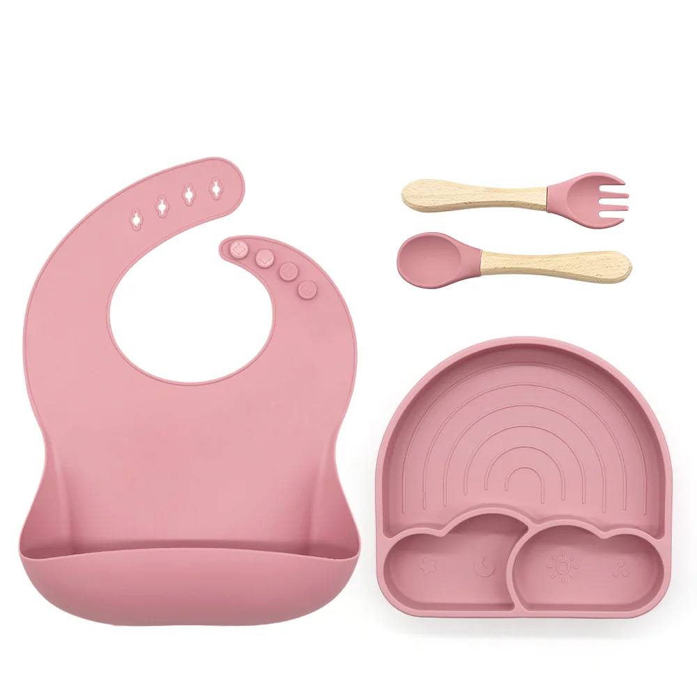Baby Silicone Feeding Set Toddler Plates Baby Bib Spoon Fork Toddler Plates With Suction Utensils Toddlers Baby-Led Boys Girls