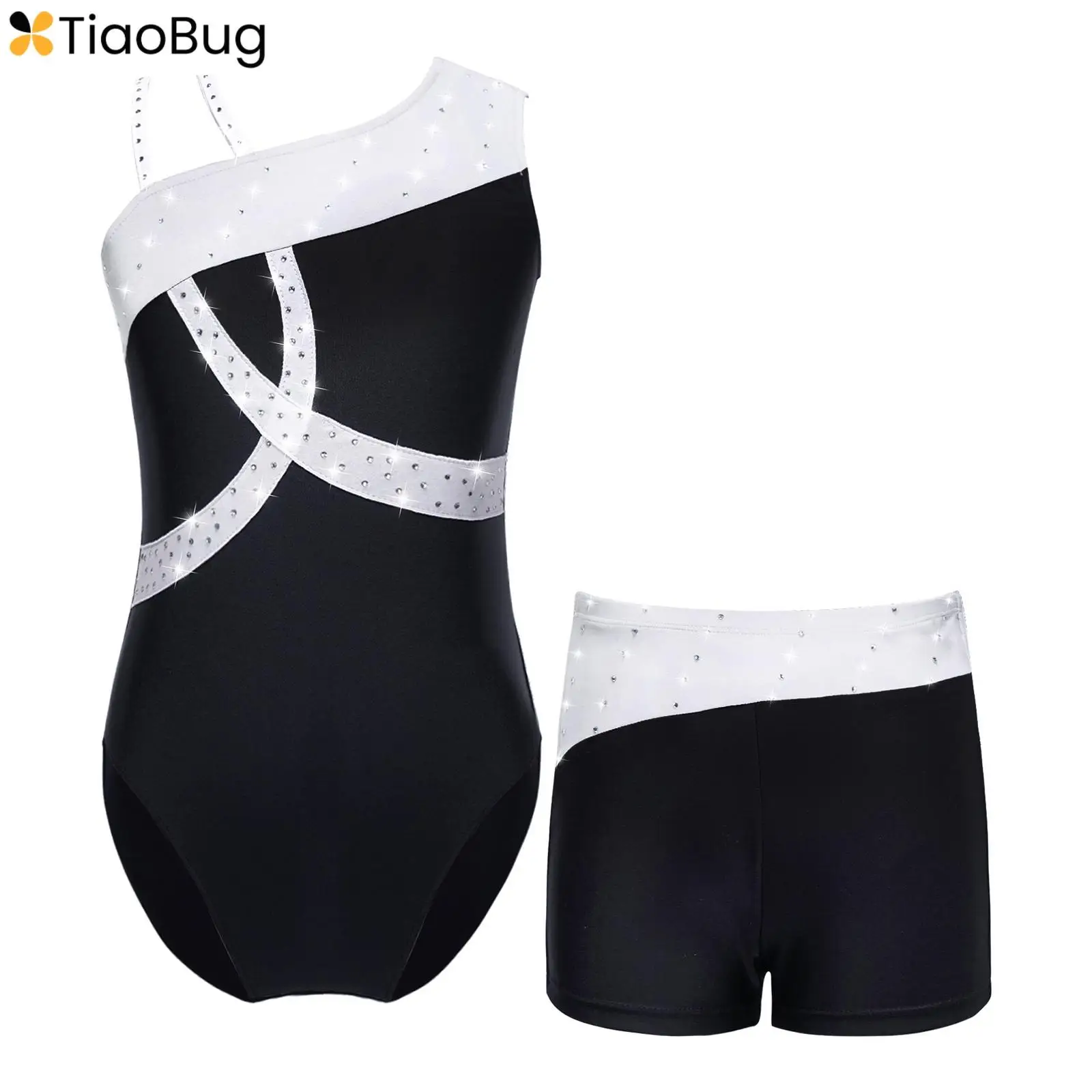 

Kids Girls Sparkly Rhinestone Ballet Dance Gymnastic Leotard Sleeveless One Shoulder Unitard and Athletic Shorts Skating Costume