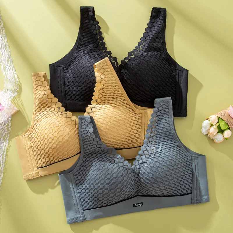 

Vest-Style Underwear Women's No Steel Ring Medium Thin Lace Gathered Bra Soft Breathable Bra Upper Support To Prevent Sagging
