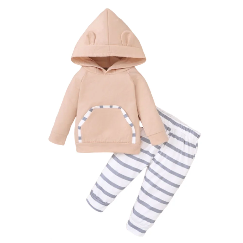 Toddler Baby Girl Girl Clothes Suit Hooded Pocket Long Sleeved Top + Striped Pants 2PCS Set Fashion Cute Costume Sports Outfit