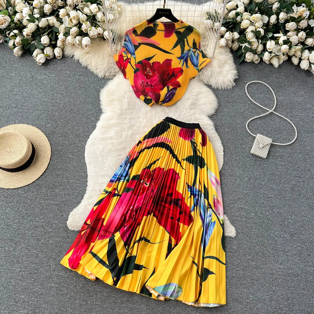 

Vintage ruffled fashion slim top high-rise print pleated skirt two-piece