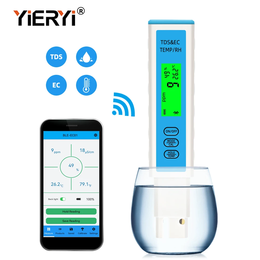 Yieryi 4 в 1 EC/TDS/измеритель температуры/влажности, Bluetooth-совместимое приложение онлайн, тестер качества воды ATC для аквариума Yieryi 4 в 1 EC/TDS/измеритель температуры/влажности, Bluetooth-совместимое приложение онлайн, тестер качества воды ATC для аквариума