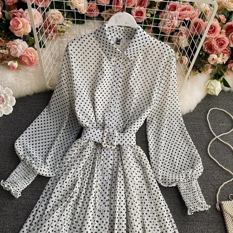 

Retro Long Skirt Long-sleeved Chiffon Lotus Leaf Spring And Autumn Dress chic Gentle Wind Temperament Waist Big Pleated Pleated