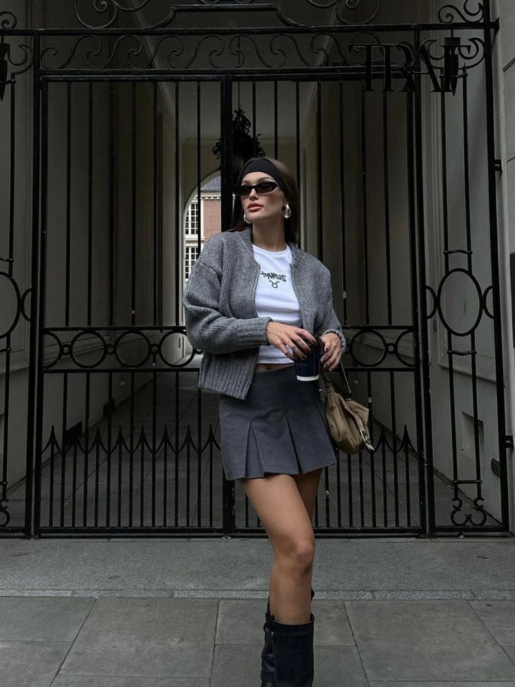 TRAF женская мода Casual круглый шеи свитер пальто ретро длинный рукав молнии вязать