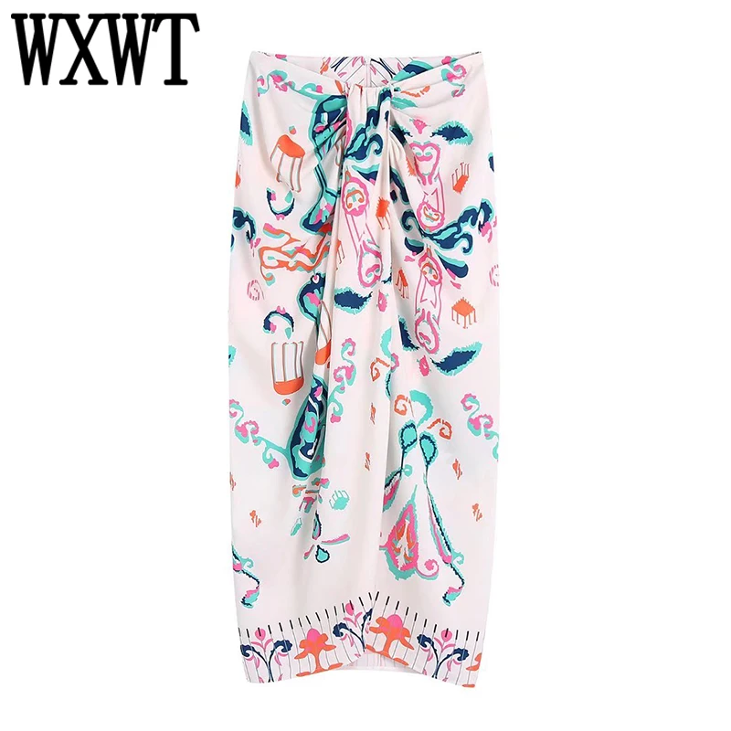 

WXWT Women Knot Decoration Print Sarong Skirt Vintage Zipper Office Lady Chic Mid Calf Skirts Faldas Mujer BB22425