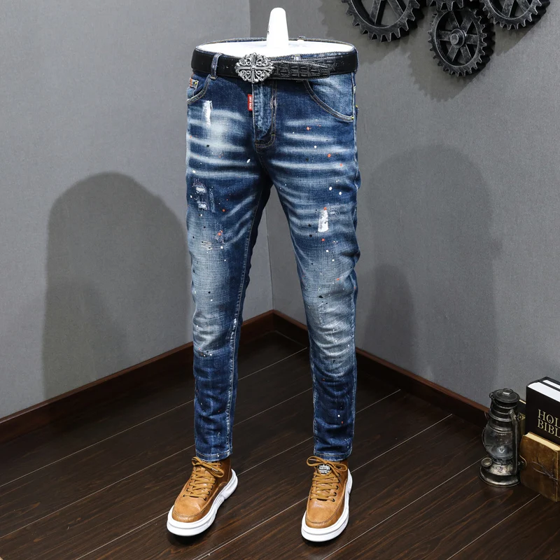 

Stretch Fashion Casual Designer Retro Jeans Jeans Blue Pants Style Vintage Ripped Korean Denim Men Slim Hombre Men Fit Painted