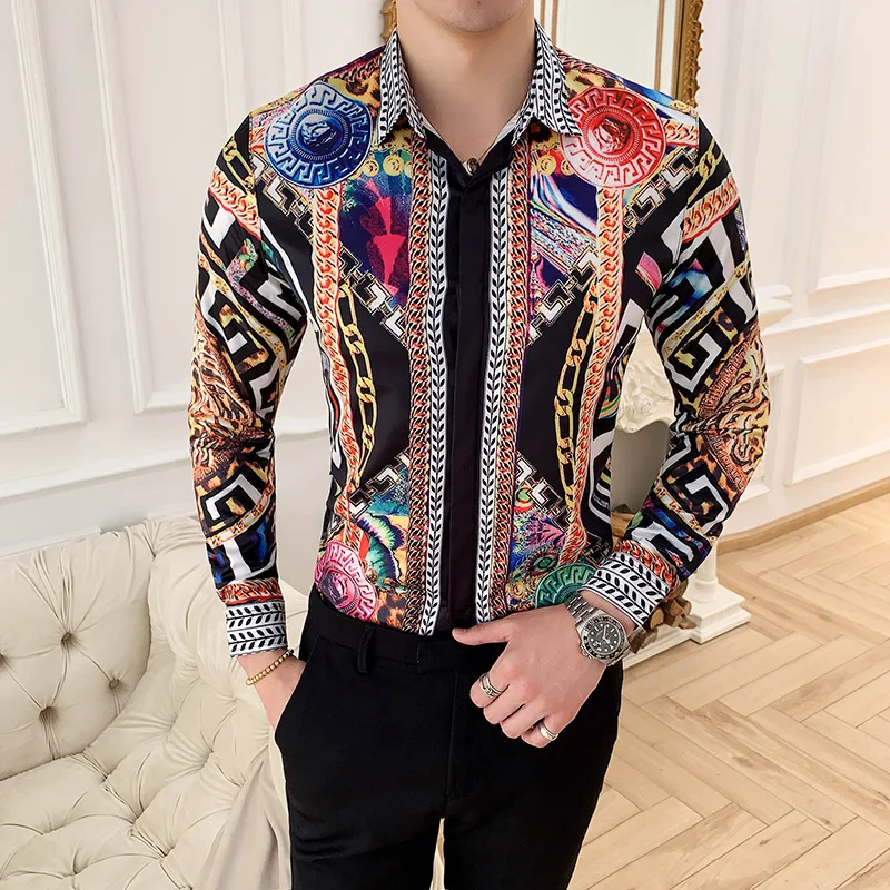 6XL 2023 Autumn Men's Vintage Printed Long Sleeve Shirt New Fashion Slim Fit Hawaiian Shirts Casual Party Night Club Shirts Mens