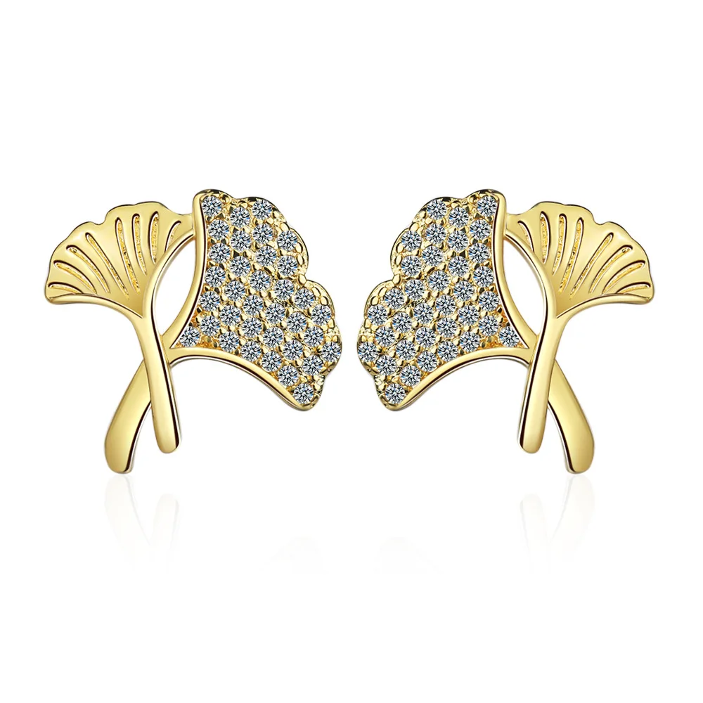 

14K Gold Ginkgo Leaves Stud Earrings for Women Bohemia Round Aros Mujer Oreja Diamond Orecchini Earring Female Jewellry